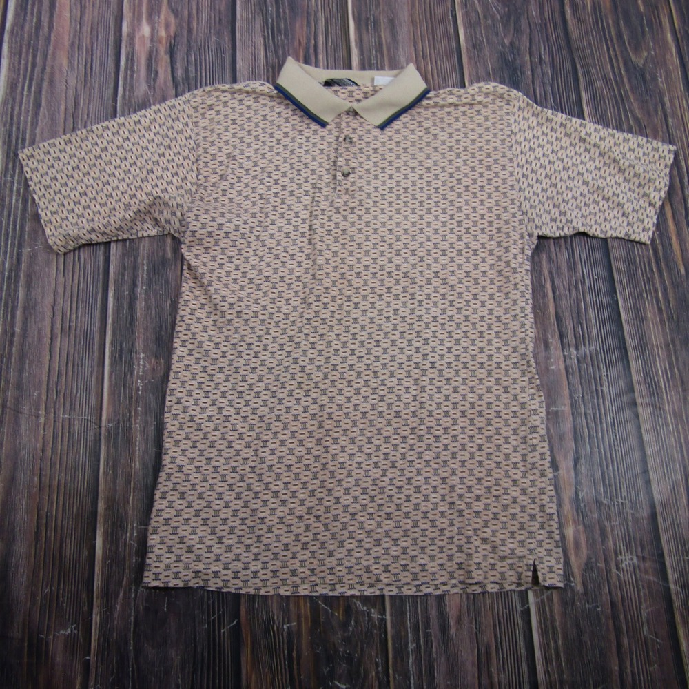 Knightsbridge Polo Shirt Men Medium Tan Geometric Print 100% Cotton Short Sleeve